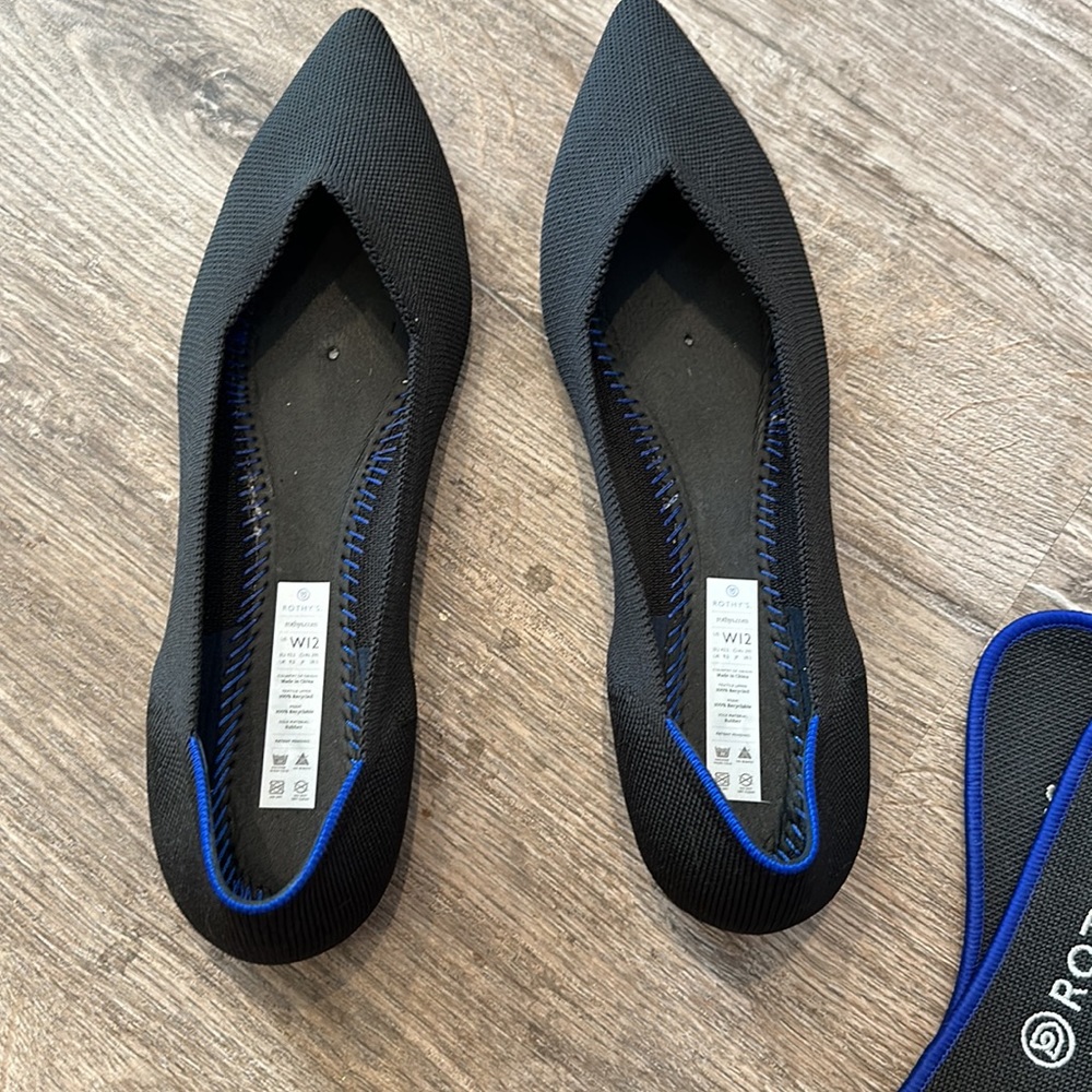 Rothy's Black Pointed Knit Flats with Blue Trim - Picture 4 of 5